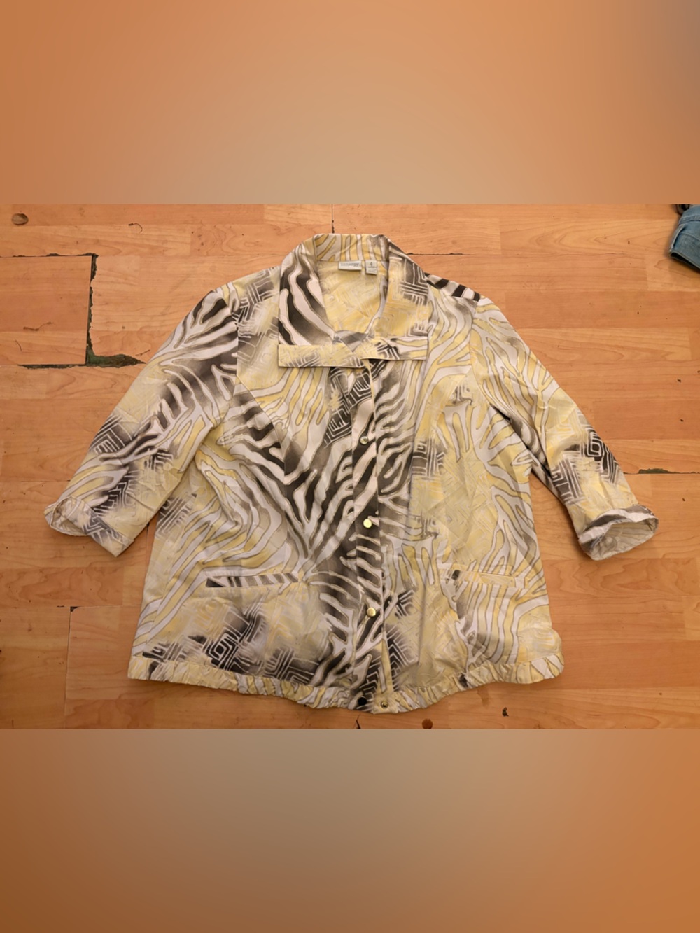 CHICO’S yellow Gold Brown Press Button Shirt Size XXL Women Plus 3/4 Sleeves E30